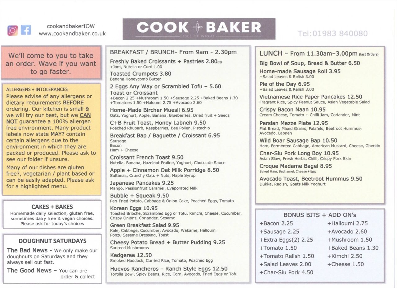 Menu | Cook + Baker