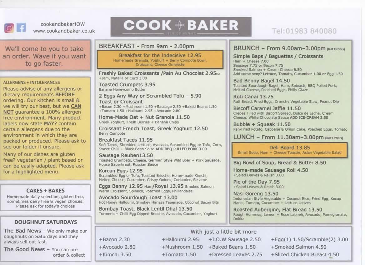 Menu | Cook + Baker